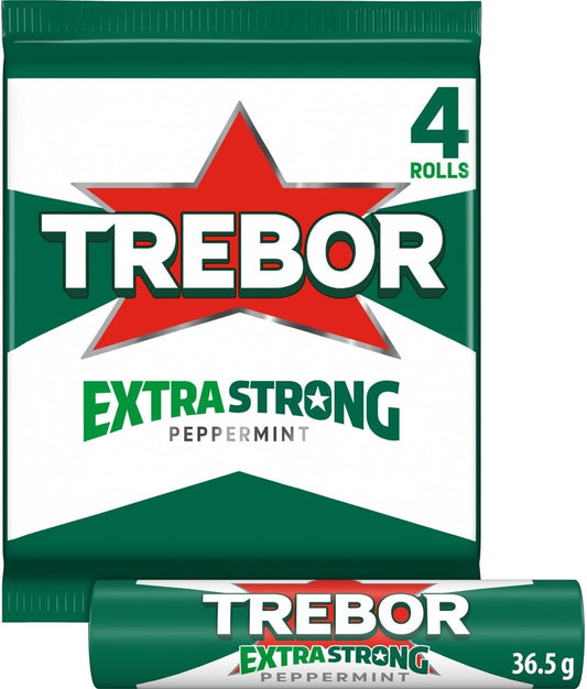 Trebor Extra Strong Peppermint Mint Sweets, 4 Pack Rolls, 146 g (Pack of 1)