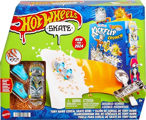 Hot Wheels Skate Tony Hawk Cereal Bowl Fingerboard Set, 1 Exclusive Board & Pair of Removable Skate Shoes, Storage for up to 4 Boards & 4 Pairs of Shoes, HTP09