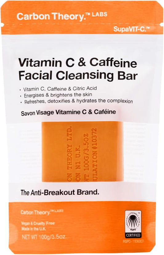 Carbon Theory Vitamin C Face Wash Bar Facial Cleansing Bar - Brightens & Evens Skin Tone - Vitamin C Cleanser with Caffeine & Citric Acid - Vegan Face Wash for Spot Prone Skin - SupaVIT-C, 80g
