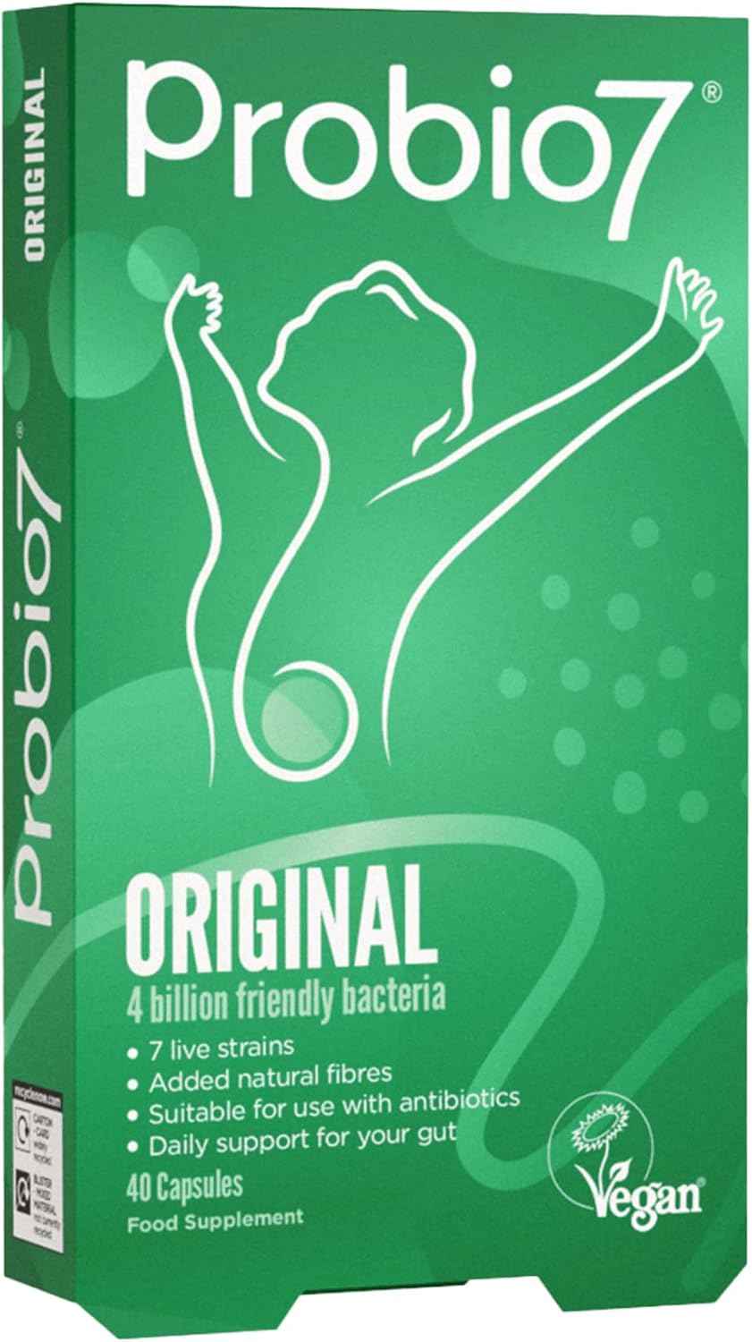 Probio7 Original | Vegan Approved | with 4 Billion CFU, 7 Live Bacterial Strains + 2 Types of Natural Fibre | Digestive Health Supplements, Probiotics for Gut Health, 40 Capsules