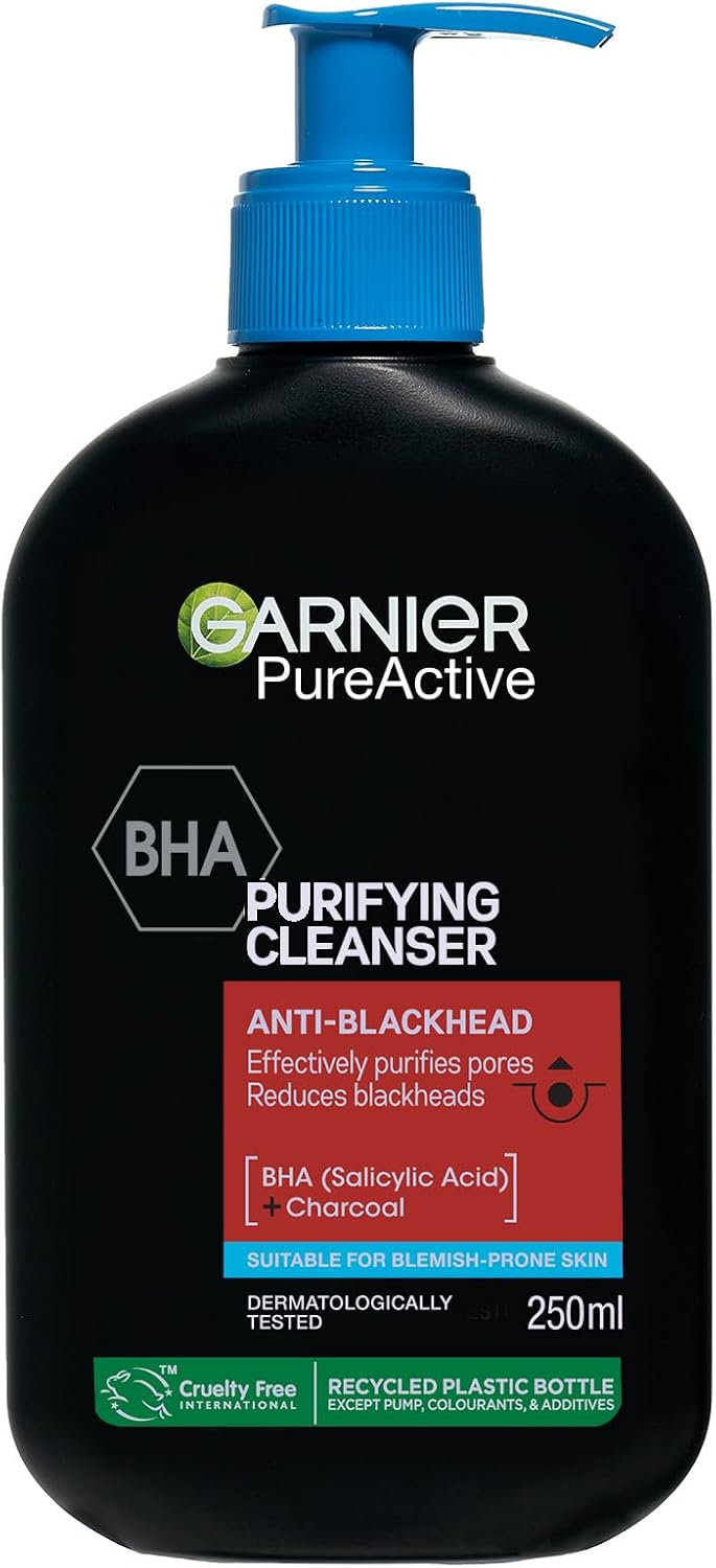 Garnier Pure Active BHA (Salicylic Acid) + Charcoal Daily Face Cleanser – Up to 24h Mattifying & Cleansing Gel For Blemish Prone Skin, Anti-blackhead – Vegan*, Leaping Bunny Approved