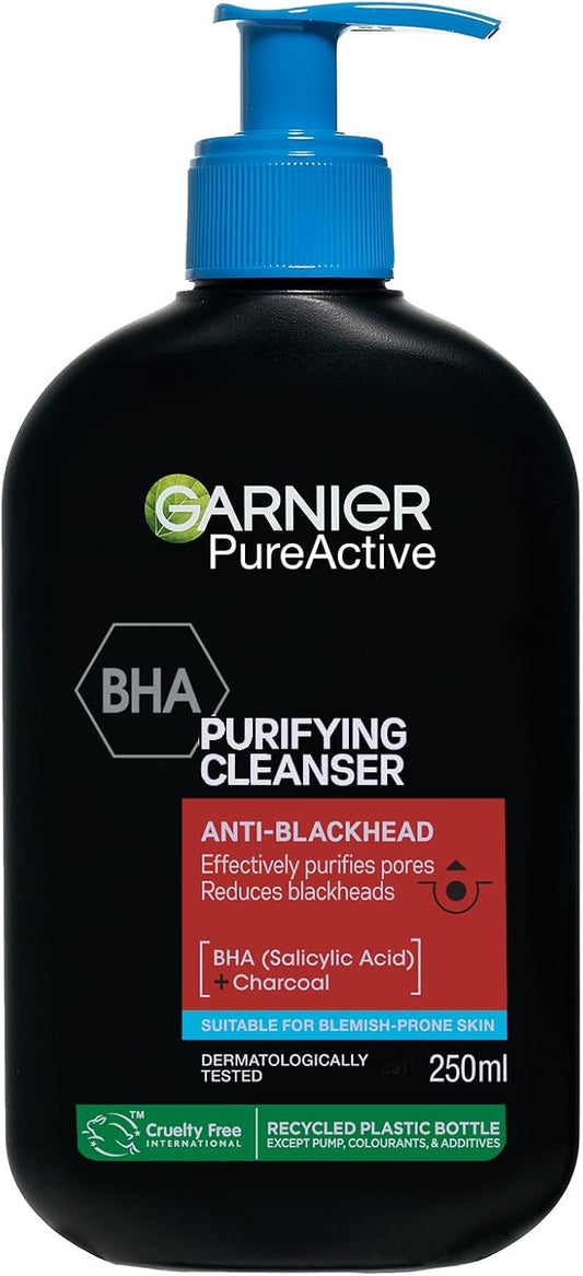 Garnier Pure Active BHA (Salicylic Acid) + Charcoal Daily Face Cleanser – Up to 24h Mattifying & Cleansing Gel For Blemish Prone Skin, Anti-blackhead – Vegan*, Leaping Bunny Approved