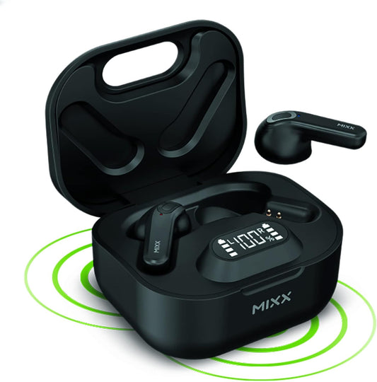 StreamBuds Hybrid by MIXX -Wireless Bluetooth Headphones with Microphone, IPX5, HI-FI Stereo earphones, 40H Playtime with Charging Case, LED Display for Work or sport or play (Black)