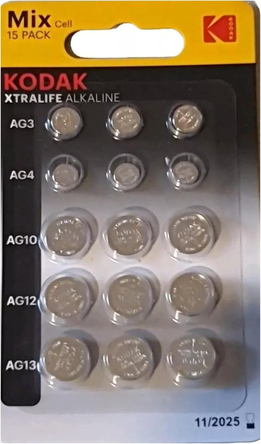 Kodak XTRALIFE Pack of 15 AG3 AG4 AG10 AG12 AG13 Button Coin Cell Battery