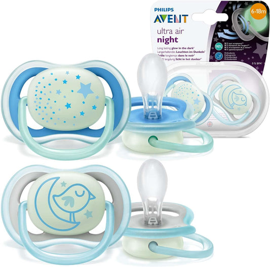 Philips Avent Soothers, 6-18m Ultra Air Night Soother with Glow-in-the-Dark BLUE