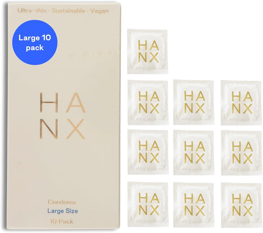 HANX Condoms | Ultra-Thin, Natural Latex with Silicone Lubricant | Paraben & Spermicide-Free | Dermatologically Approved | Strong & Reliable | Safe, Comfortable Protection | Large (Pack of 10)