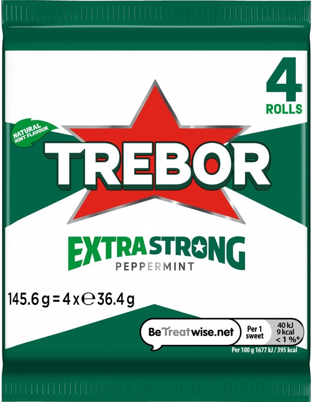 Trebor Extra Strong Peppermint Mint Sweets, 4 Pack Rolls, 146 g (Pack of 1)