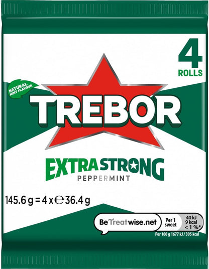 Trebor Extra Strong Peppermint Mint Sweets, 4 Pack Rolls, 146 g (Pack of 1)