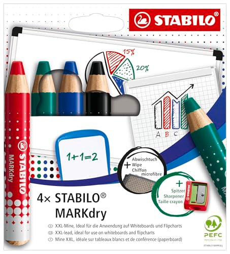 STABILO MARKdry - Whiteboard and Flipchart Marker - Pack of 4 - Assorted Colours with Sharpener and Wiping Cloth