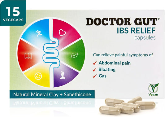 Doctor Gut IBS Relief Capsules, 15 Caps - Stomach Pain Relief, Bloating Relief, Trapped Wind & Gas Relief - Drug-Free, Natural Clay, Expels Harmful Causes of Irritable Bowel Syndrome