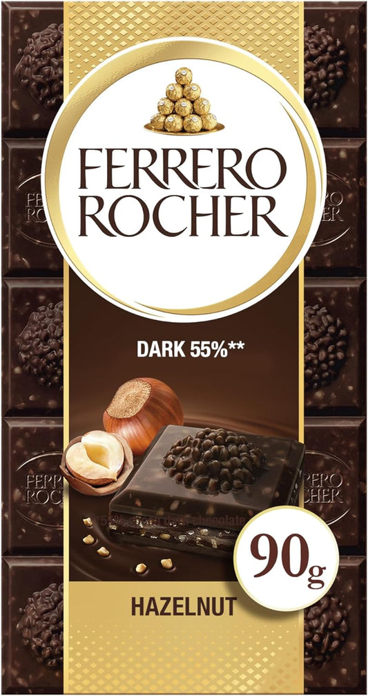 Ferrero Rocher Dark Chocolate and Hazelnut Bar, Chocolate Bars, 55 Percent Dark Chocolate with Crunchy Whole Hazelnut and Cocoa Filling 90g