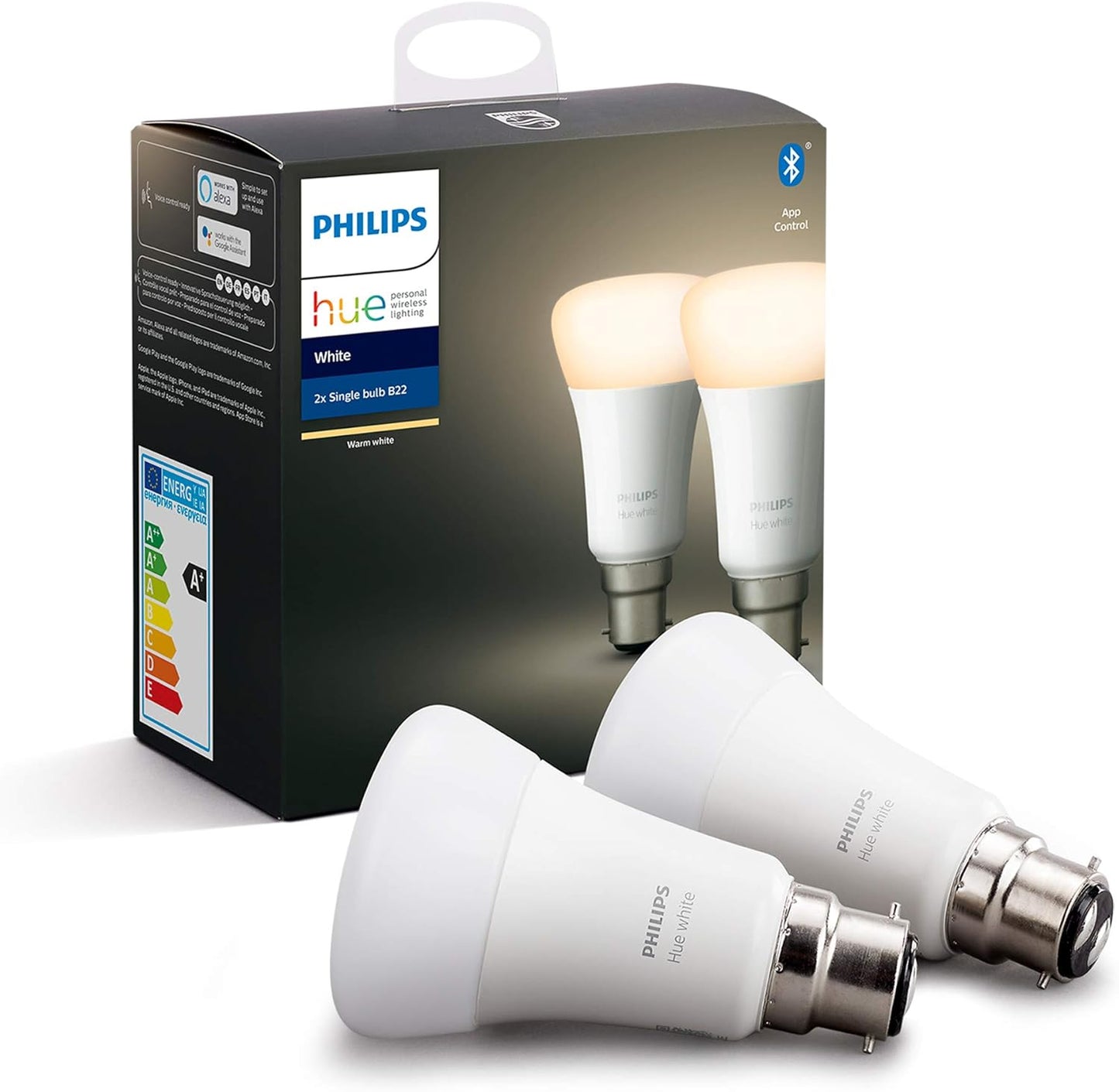 Philips Hue White Smart Bulb Twin Pack LED [B22 Bayonet Cap] with Bluetooth