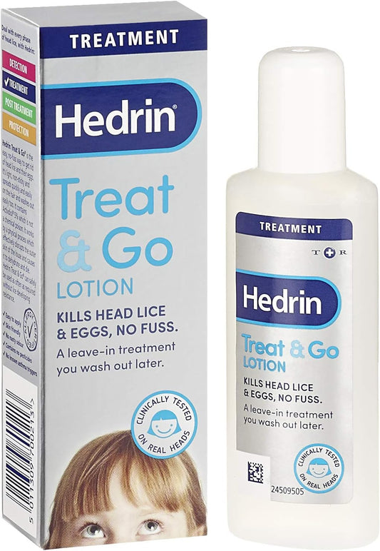Hedrin Treat & Go Leave-In Lotion, Fast, No Fuss Lice & Nit Treatment, Kills Head Lice & Eggs, Clinically Tested, Suitable for Adults & Children, 1 x 50ml (2 x 25ml Treatments)