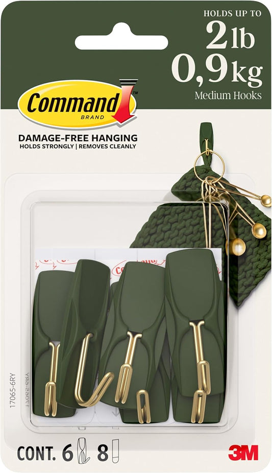 Command Medium Wire Hooks, Rosemary Green, 6 Hooks, 8 Strips