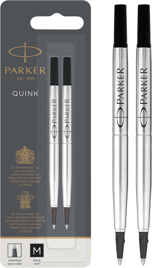 Parker Rollerball Pen Refills Medium Point Black QUINK Ink 2PK