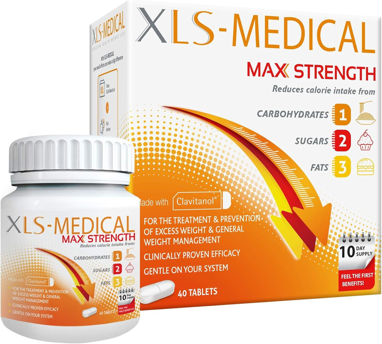 XLS Medical Max Strength Tablets - Reduce Calorie Intake from Carbohydrates, Sugars and Fats - Weight Loss Aid - 40 Tablets, 10 Days Treatment