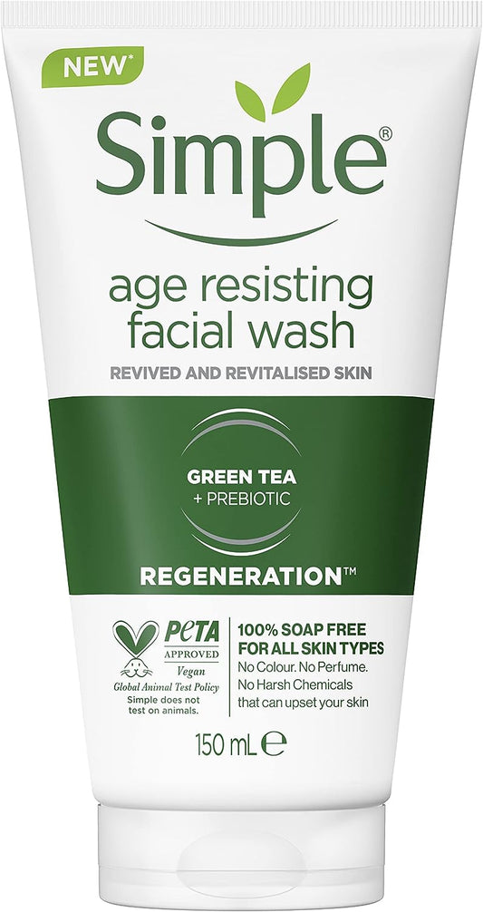 Simple Regeneration Age Resisting with green tea and prebiotic Facial Wash cleanser for revived and revitalised skin 150 ml