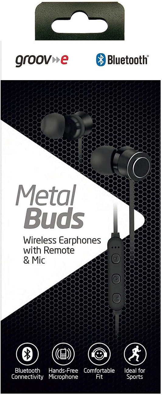 Groov-e Metal Buds - Wireless Earphones with Remote & Mic - Bluetooth Connectivity - Neckband Headphones with Ergonomic Design - USB Charging - 4hrs Audio Playback - Black