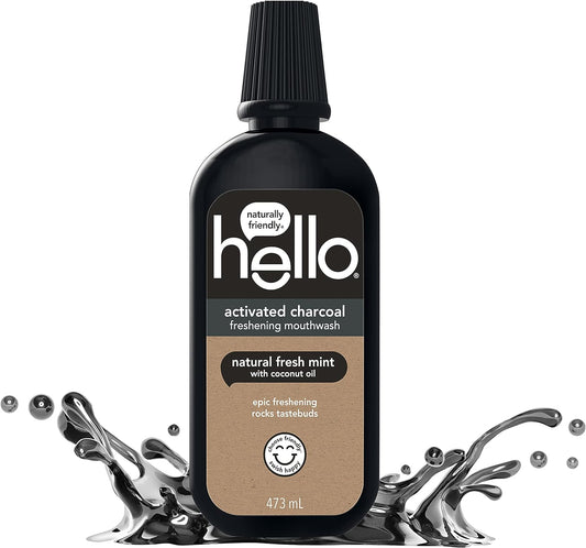 Hello Activated Charcoal Epic Freshening Mouthwash, Fluoride-Free Mouthwash with Natural Fresh Mint and Coconut Oil, Vegan, 443 ml
