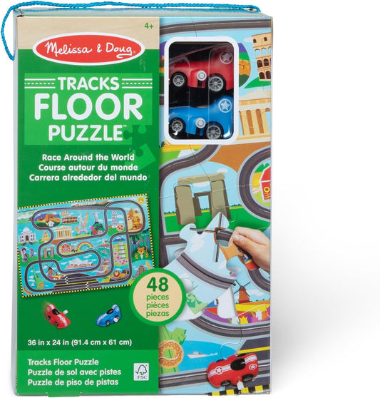 Melissa & Doug Race Around the World Tracks Cardboard Jigsaw Floor Puzzle and Wind-Up Vehicles, Busy Board, Puzzles for 3 year olds, Montessori toys, Toddler puzzles, Gift for boy or girl