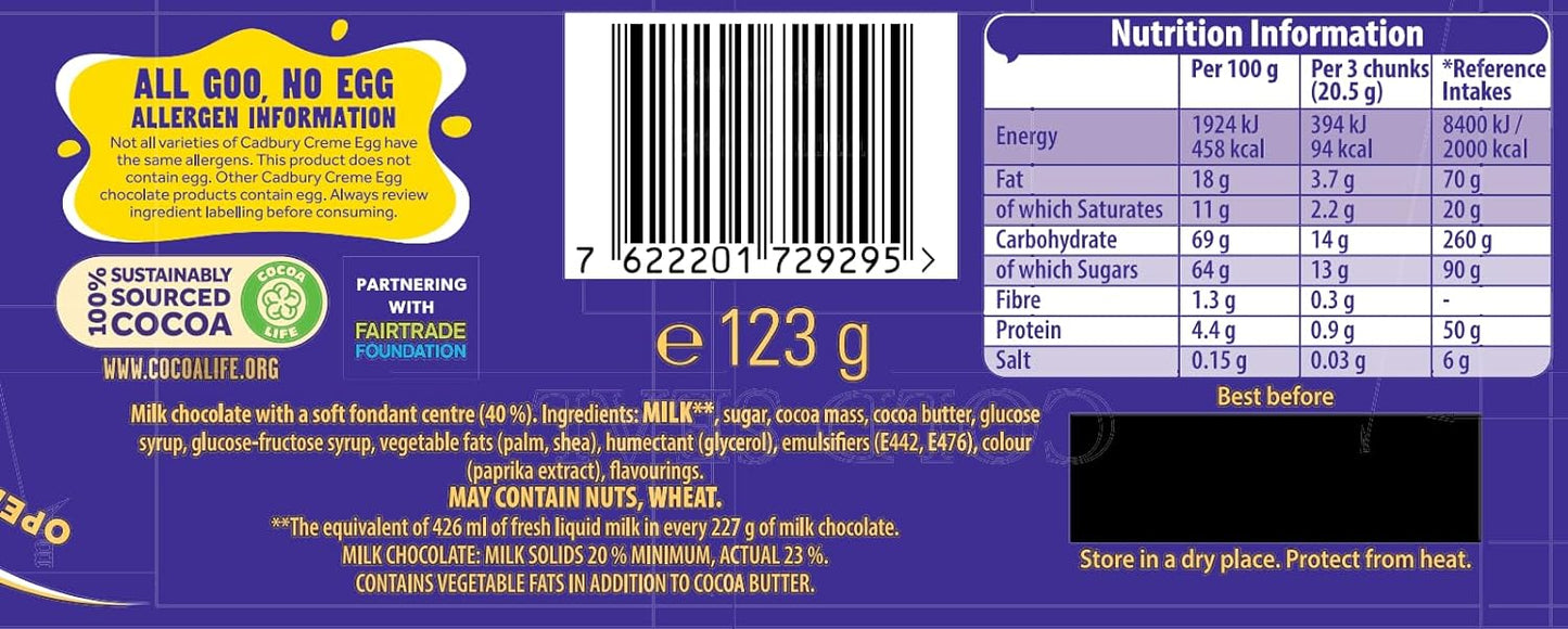 Cadbury Crème Egg Milk Chocolate Bar 123g