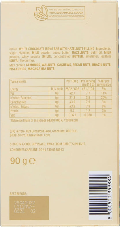 Ferrero Rocher White Chocolate Bar, Movie Night Snacks, Chocolate Gift with Crunchy Whole Hazelnut and Cocoa Filling, 90g