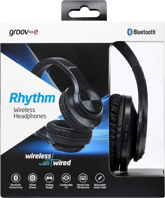 groov e Rhythm - Wireless Bluetooth Headphones - Over the Ear Headphone with Built-in Mic, Adjustable Headband, & 6Hrs Audio Playback - Bluetooth & 3.5mm Audio Jack - Black