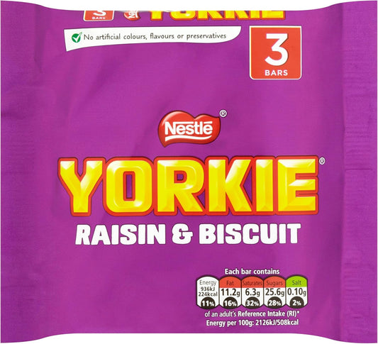 Yorkie Raisin and Biscuit Chocolate, 3 x 44g Pack