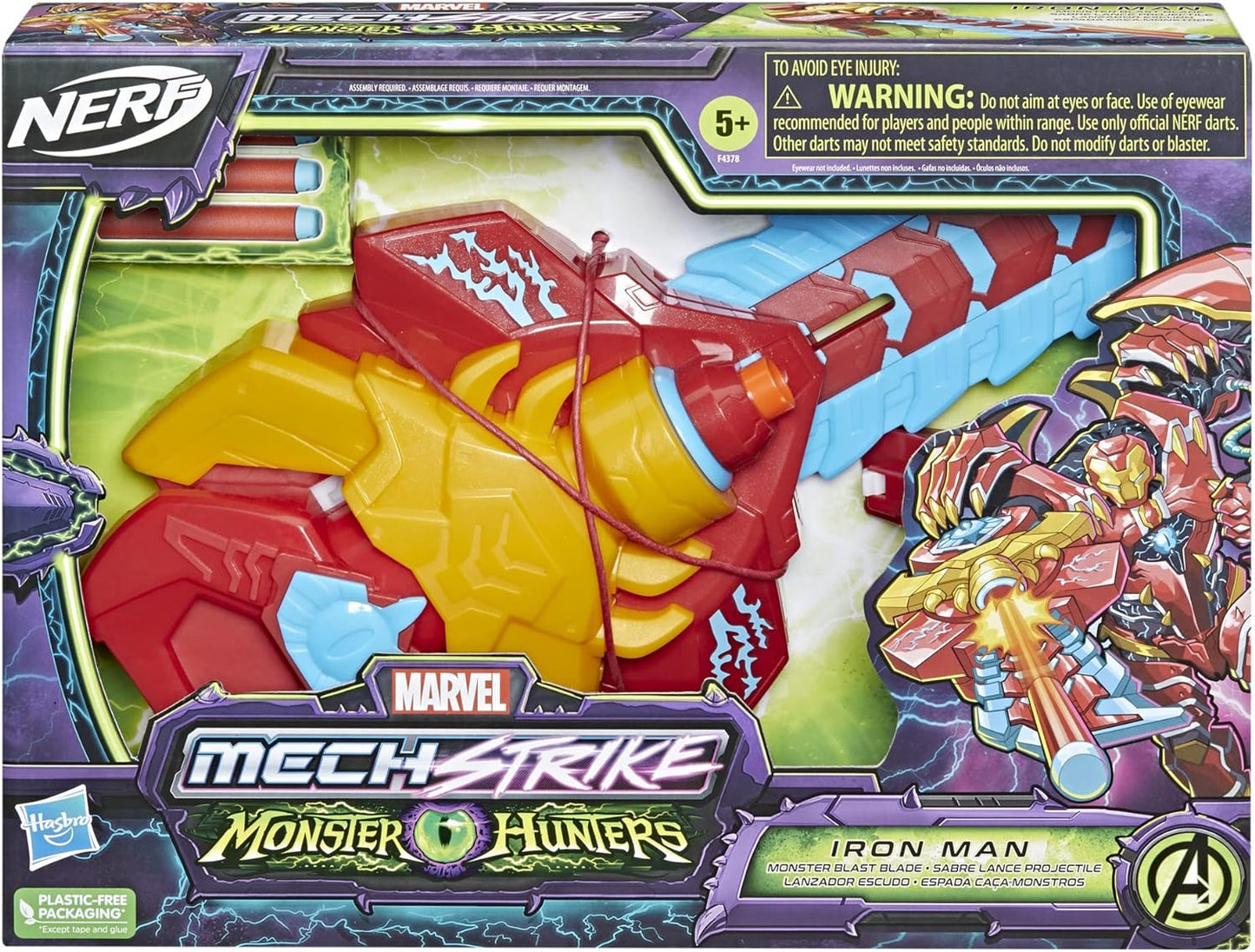 Marvel Avengers Mech Strike Monster Hunters Iron Man Monster Blast Blade Roleplay Toy with 3 NERF Darts