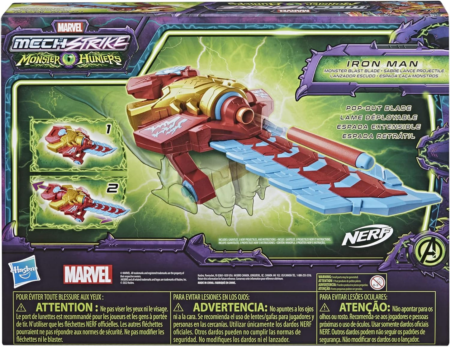 Marvel Avengers Mech Strike Monster Hunters Iron Man Monster Blast Blade Roleplay Toy with 3 NERF Darts