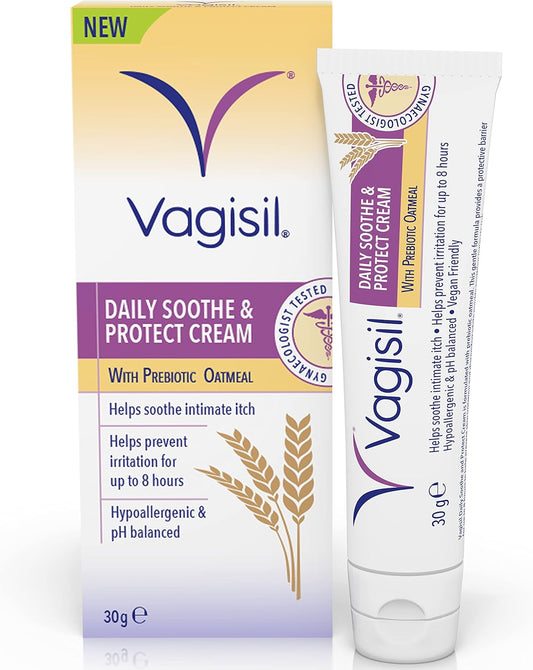 Vagisil Daily Soothe and Protect Cream For Women, Sensitive Skin With Natural Prebiotic Oatmeal, Gentle Formula for Daily Use, Fragrance Free, 30 g