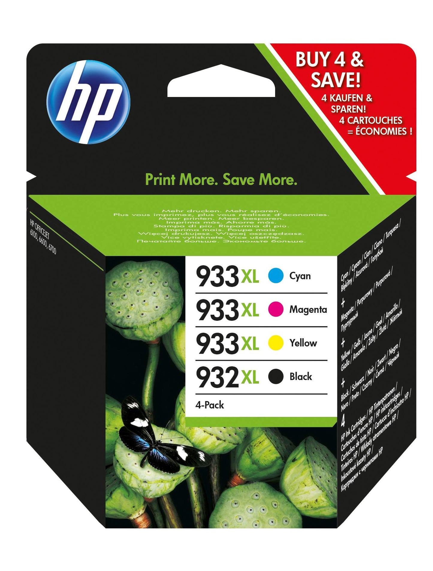 HP 932XL Black and No 933XL Original Ink Pack 4 Units Officejet 6100/6600/ 6700