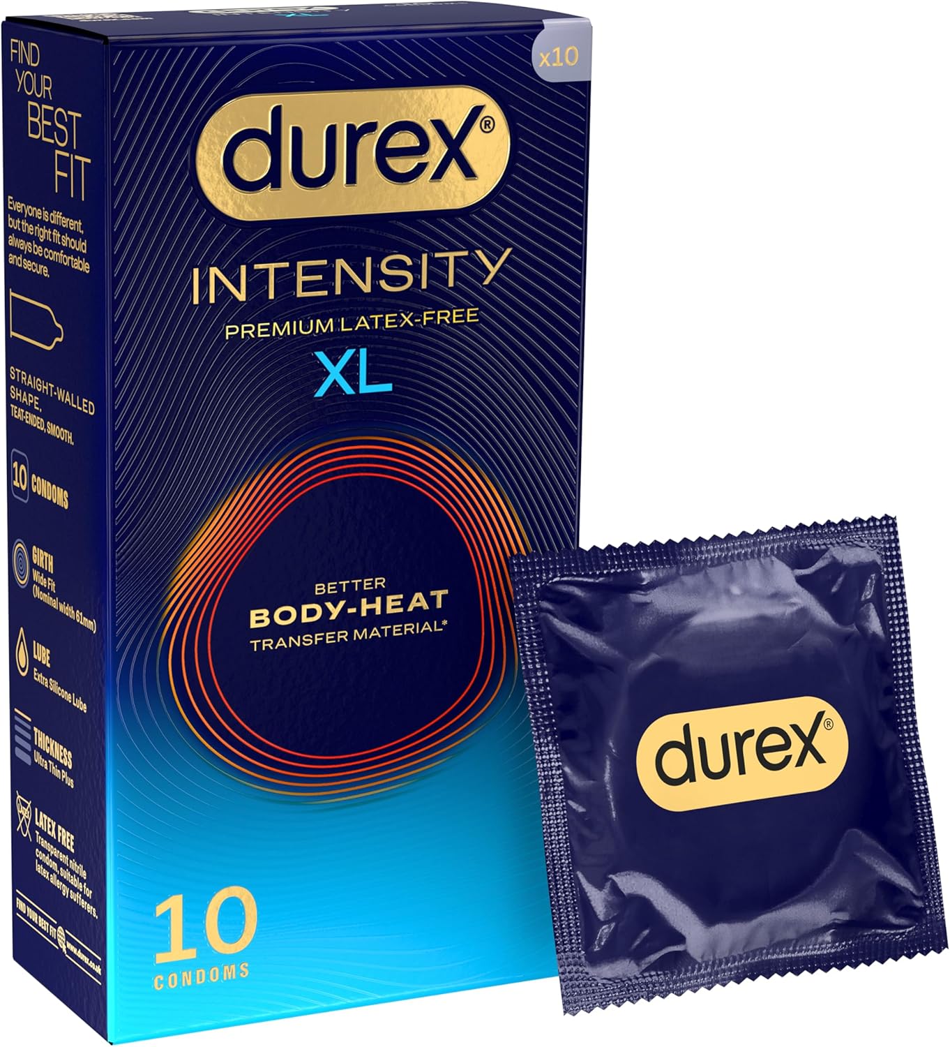 Durex Intensity Condoms XL Fit Better Body Heat Transfer Latex Free Ultra Thin 10PK
