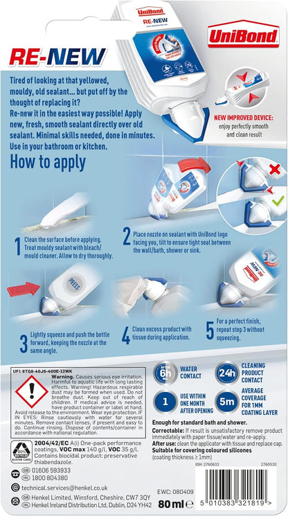 UniBond Re-New, White Silicone Sealant for Kitchen & Bath, One-Step Bathroom Sealant Renewal, Waterproof Kitchen Silicone with Triple Mould Resistance, 1 x 80ml