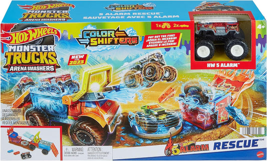 Hot Wheels Monster Trucks Arena Smashers Color Shifters 5-Alarm Rescue with 1 Color Shifter Monster Truck, 2 Crushable Cars and 1 Detachable Semi Rig