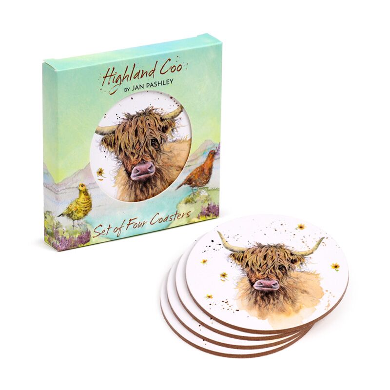 Jan Pashley Highland Coo Set of 4 Cork Drink Coasters