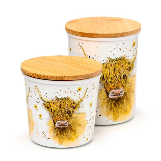 Jan Pashley Highland Coo Cow Set of 2 RPET & Bamboo Storage Jars S/M