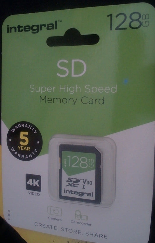 Integral Super High Speed SD XC Memory Card. V30.Camera. 128GB. 4K