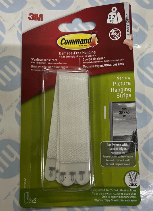 3M Command Damage-Free Picture Hanging Narrow Self Adhesive 3 X 2 Strips 17207