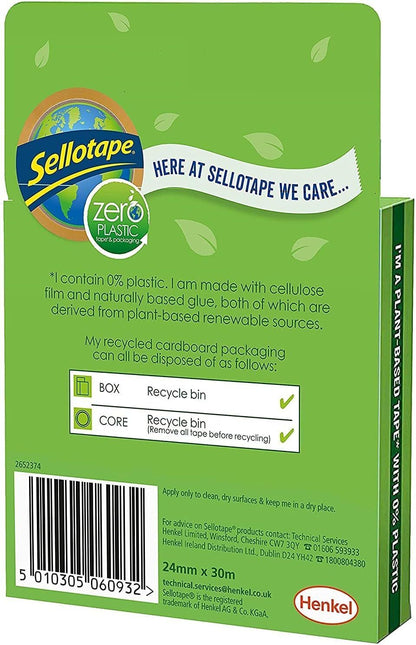 Sellotape Zero Plastic Tape, Multi-Purpose Clear Tape for Household Objects, Clear Packing Tape for Sticking Envelopes or Cards, Easy to Use Plant Based Packaging Tape with 0% Plastic, 24mm x 30m
