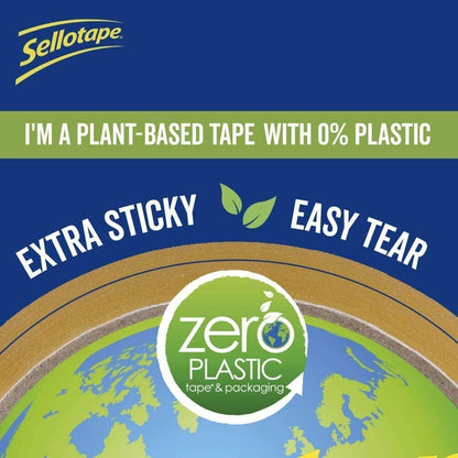 Sellotape Zero Plastic Tape, Multi-Purpose Clear Tape for Household Objects, Clear Packing Tape for Sticking Envelopes or Cards, Easy to Use Plant Based Packaging Tape with 0% Plastic, 24mm x 30m
