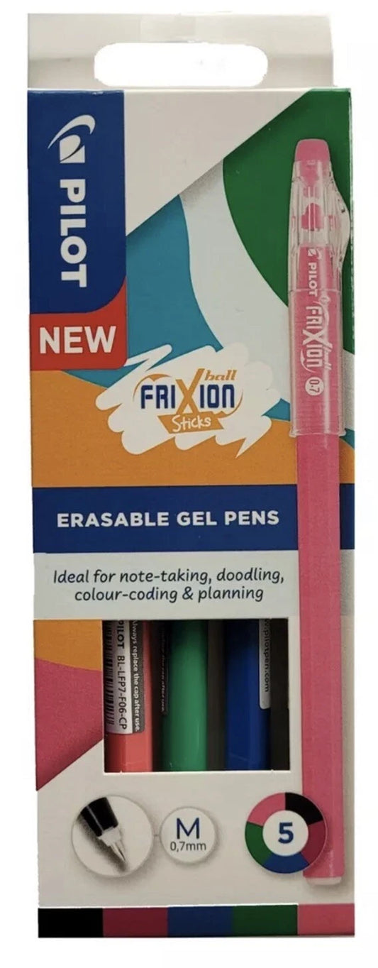Pilot FriXion Erasable Ball Sticks Gel Pens 5 Pack Assorted Colours Medium 0.7mm