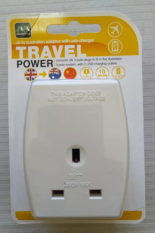 Masterplug UK to Australia Power Adaptor Plug with 2 USB (A) Ports