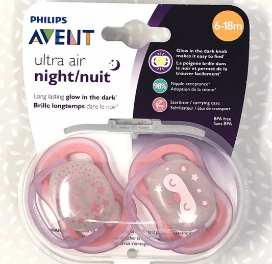 Philips Avent Orthodontic Pacifiers Ultra Air Night 6-18m Pink Glow In The Dark