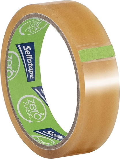 Sellotape Zero Plastic Tape, Multi-Purpose Clear Tape for Household Objects, Clear Packing Tape for Sticking Envelopes or Cards, Easy to Use Plant Based Packaging Tape with 0% Plastic, 24mm x 30m