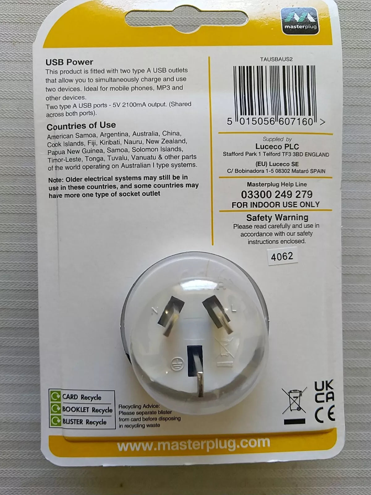 Masterplug UK to Australia Power Adaptor Plug with 2 USB (A) Ports