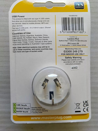 Masterplug UK to Australia Power Adaptor Plug with 2 USB (A) Ports