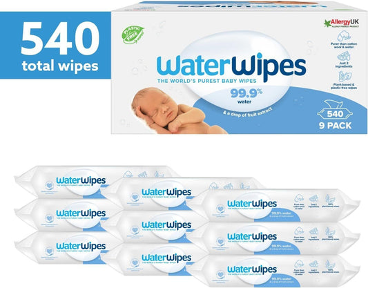 WaterWipes Plastic-Free Original Baby Wipes, 540 Count (9 packs), 99.9% Water Based Wipes, Unscented for Sensitive Skin