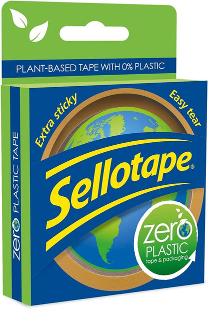 Sellotape Zero Plastic Tape, Multi-Purpose Clear Tape for Household Objects, Clear Packing Tape for Sticking Envelopes or Cards, Easy to Use Plant Based Packaging Tape with 0% Plastic, 24mm x 30m