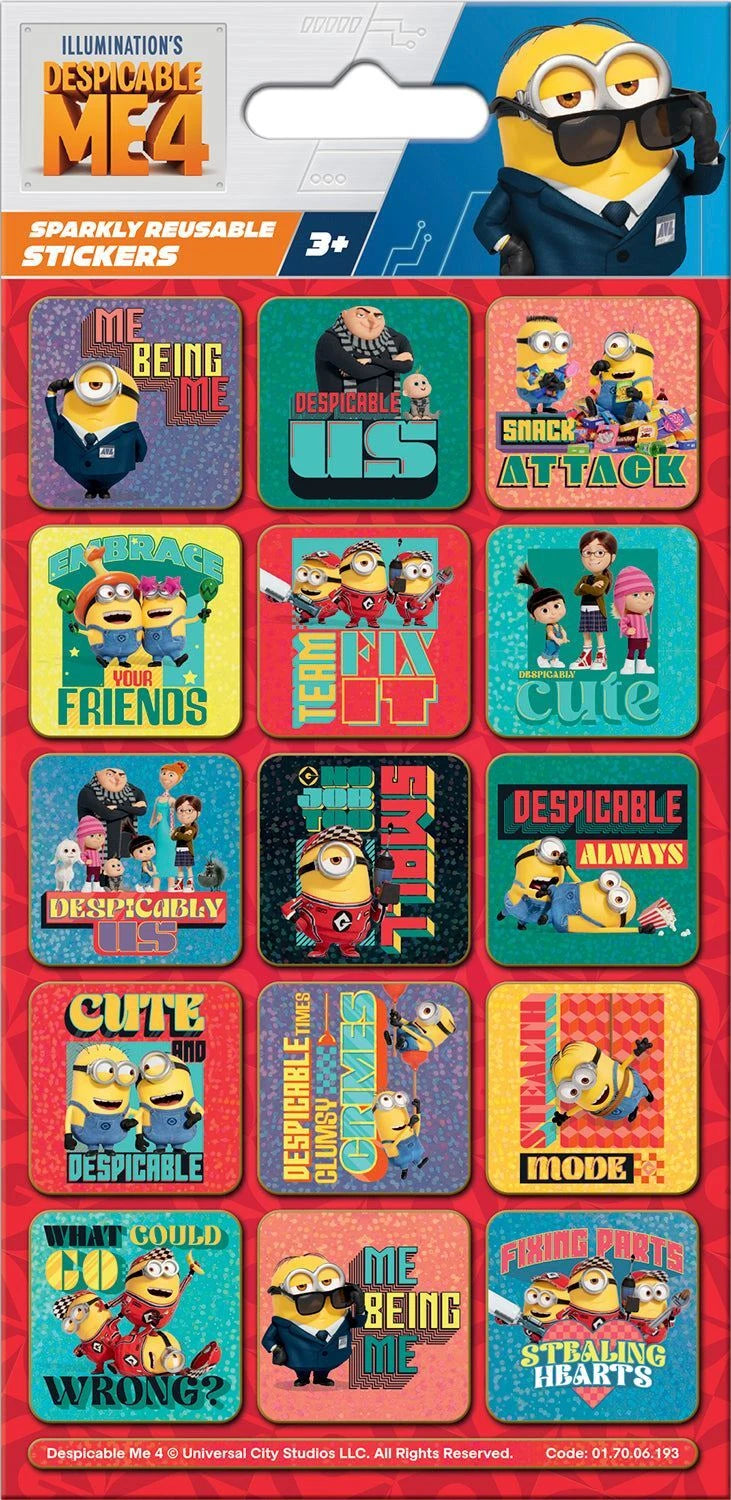 Minions Despicable Me 4 Sparkly Reusable Stickers
